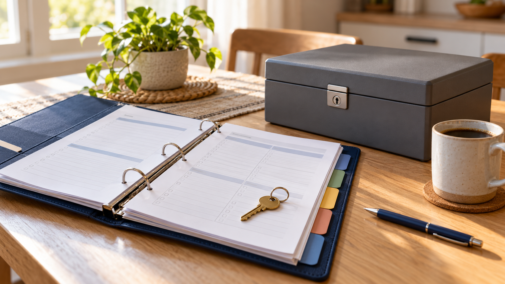 Illustration of an open navy three-ring binder with colored tab dividers and blank checklist pages on a kitchen table, a brass key resting on the page, a gray lockable document box, a pen and a mug of coffee beside it.