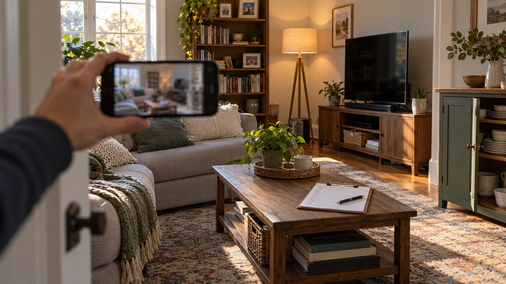 Illustration of a hand holding a phone at a living room doorway, recording video of a sofa, bookcase, TV and a cabinet of dishes, with a blank checklist on a clipboard on the coffee table.