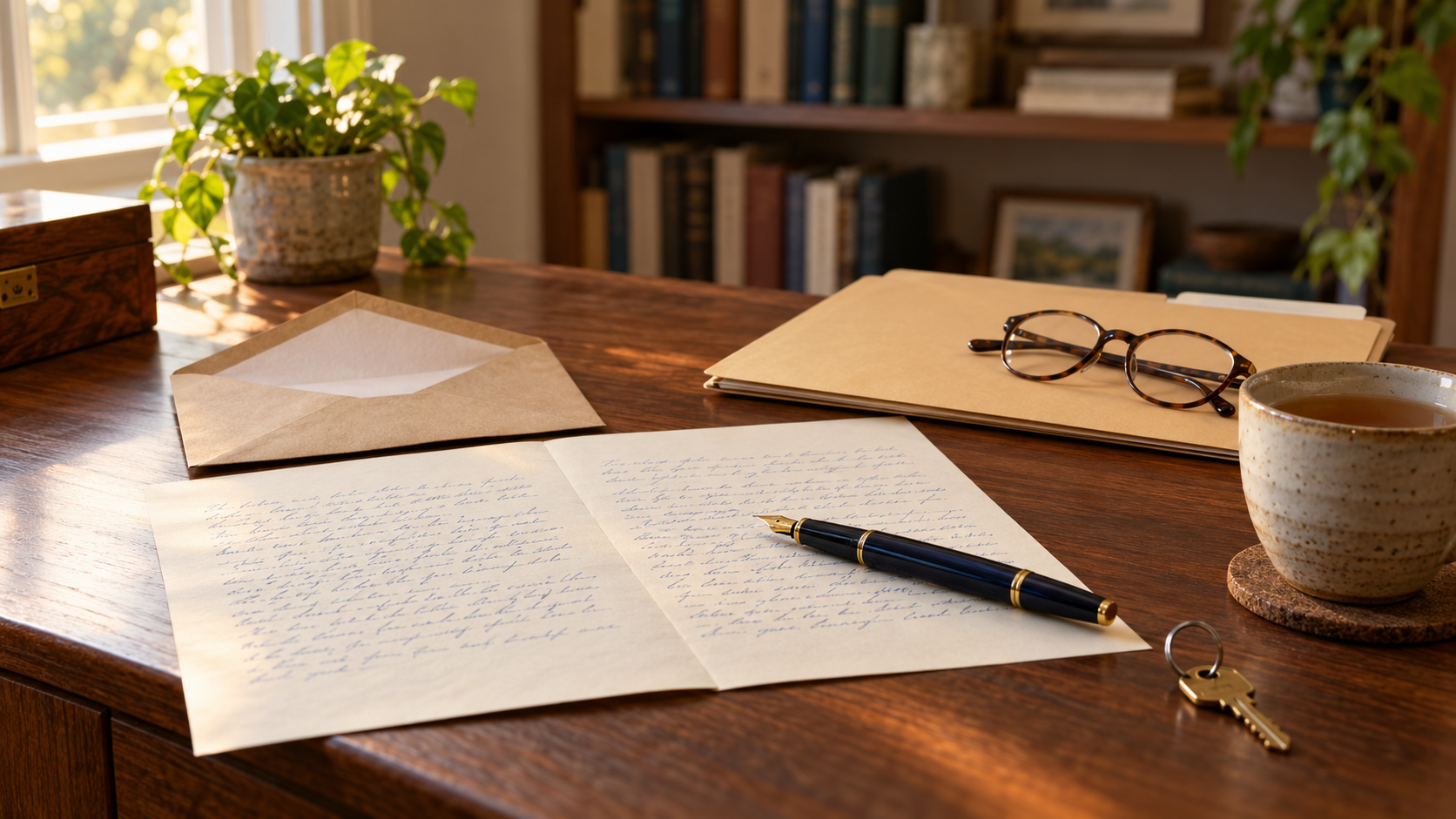 Illustration of a handwritten two-page letter and a fountain pen on a wooden desk, with an open kraft envelope, a manila folder with reading glasses on it, a brass house key and a cup of tea.