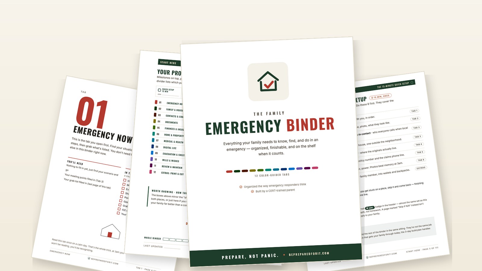 Four pages from the Family Emergency Binder in a loose stack, the cover on top reading Prepare Not Panic above a row of twelve colour-guided tabs, with the Emergency Now divider, the progress tracker, and the 15-minute quick setup fanned behind it.