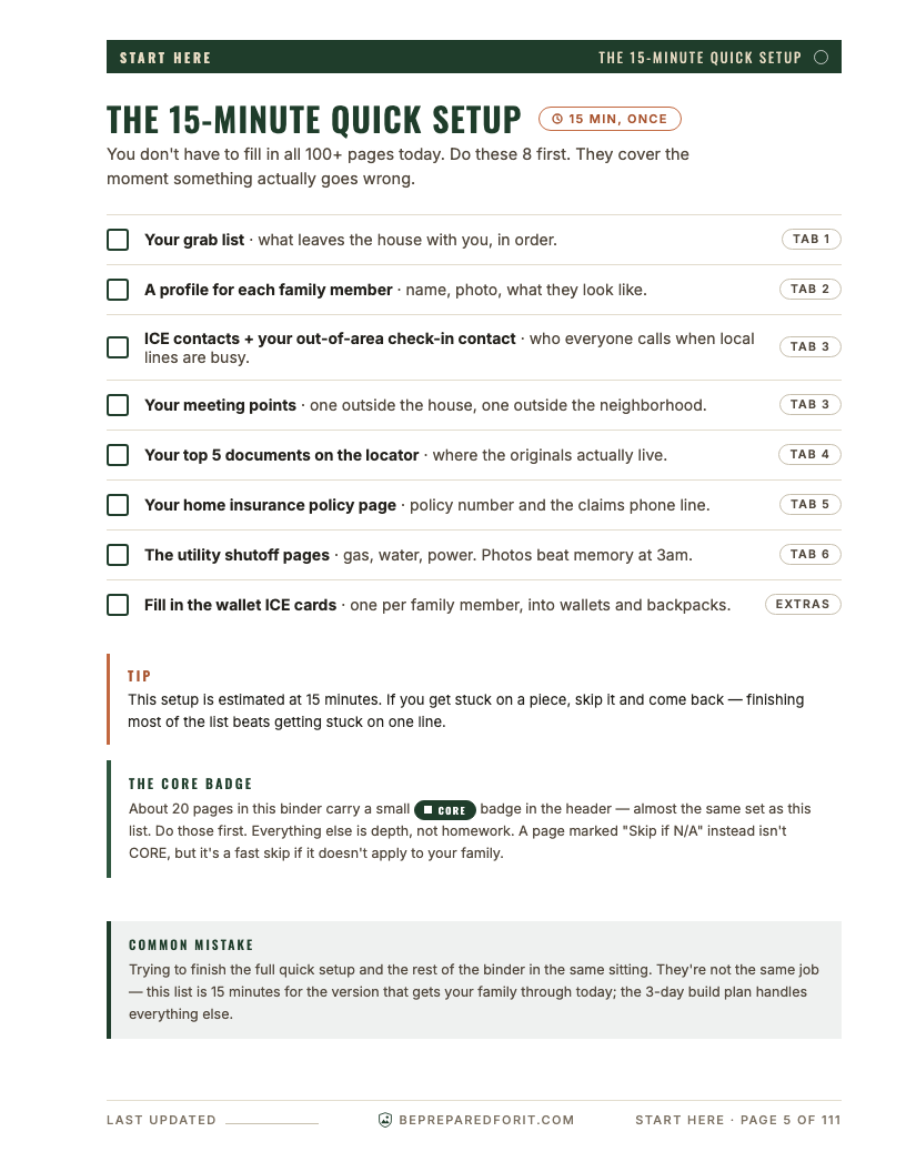 The 15-minute quick setup page from the Family Emergency Binder