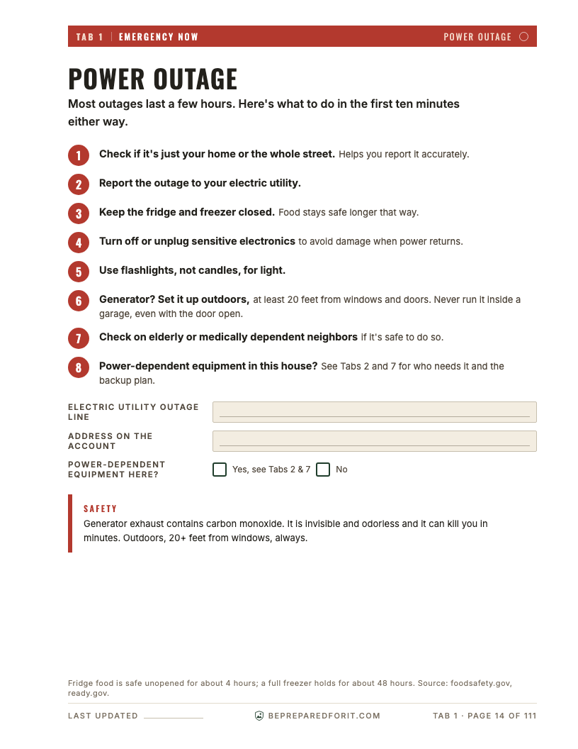 First-10-minutes action page for a power outage