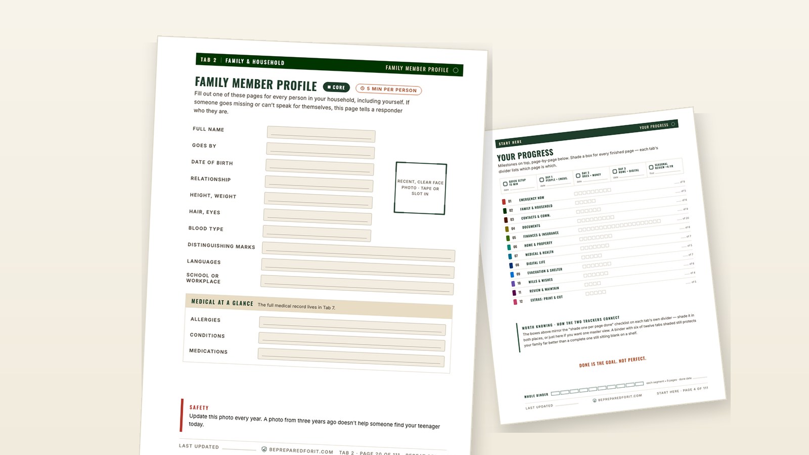 A Family Member Profile page from the Family Emergency Binder held large in front, with the binder progress tracker set back behind it.