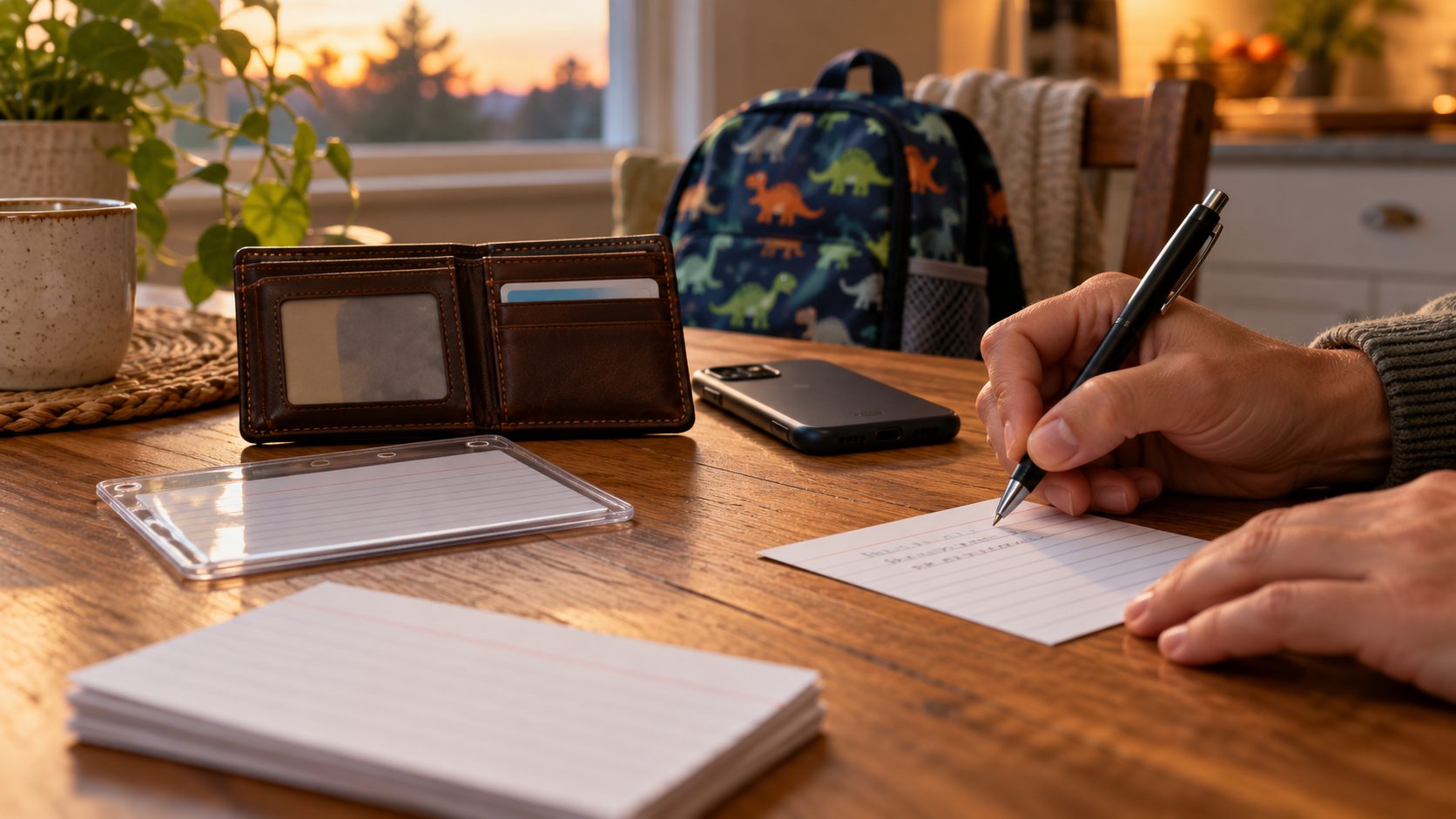Illustration of an adult hand filling in a blank ruled index card at a kitchen table, with a leather wallet, a clear plastic card sleeve, a phone lying face down and a child's backpack nearby.
