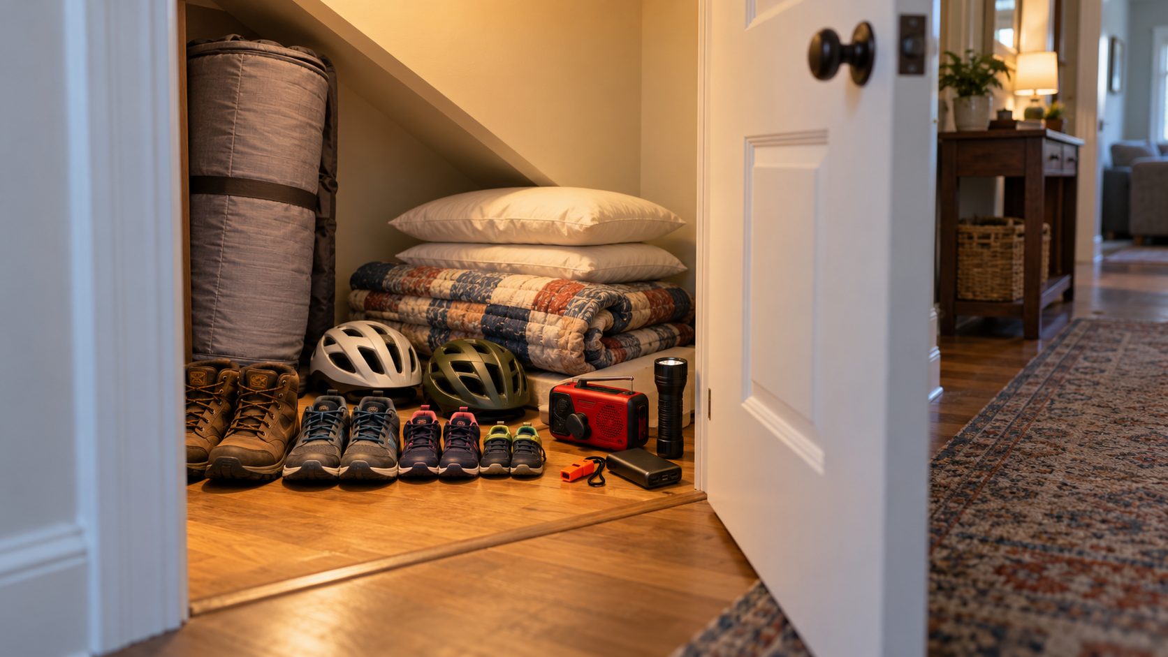 Illustration of an under-stairs closet set up as a tornado shelter spot, with sturdy shoes in several sizes, two bike helmets, a quilt and pillows, a rolled mattress, a weather radio, a flashlight, a whistle and a power bank.