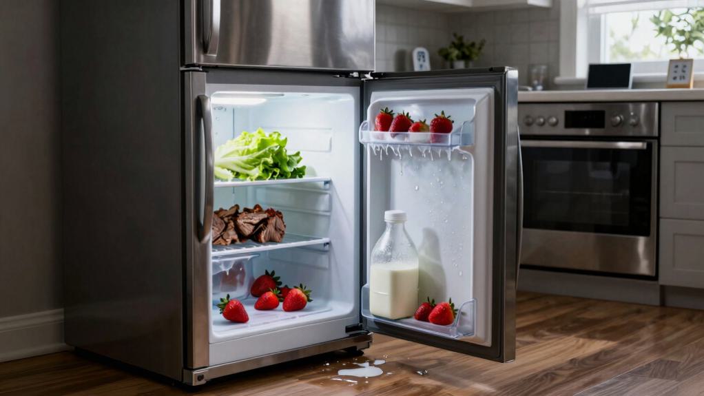 An open refrigerator in a dim kitchen with lettuce, a package of meat, strawberries, and a bottle of milk on the shelves and a puddle of melted ice on the floor in front of it.