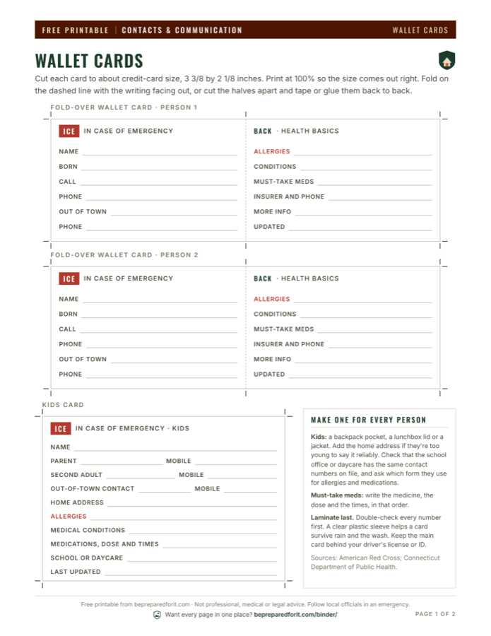 Preview of the Emergency Contact Cards printable