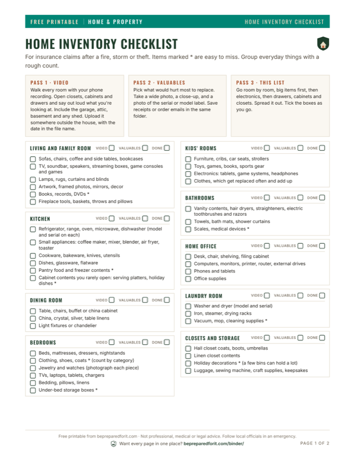 Preview of the Home Inventory Checklist printable
