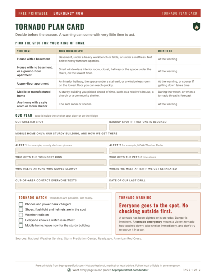 Preview of the Tornado Plan Card + Shelter Kit printable