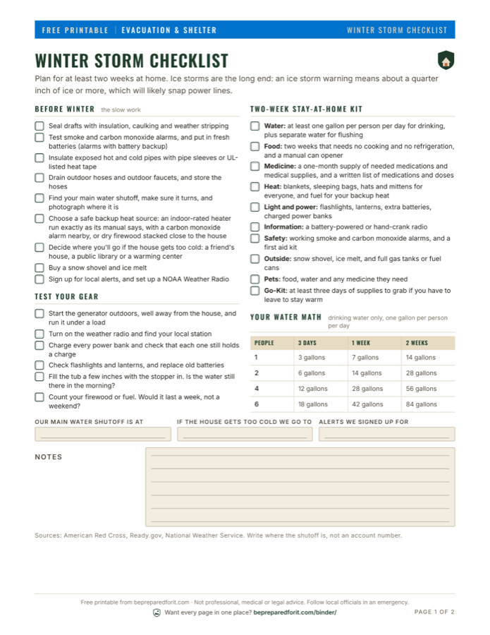 Preview of the Winter Storm Checklist (Home and Car) printable