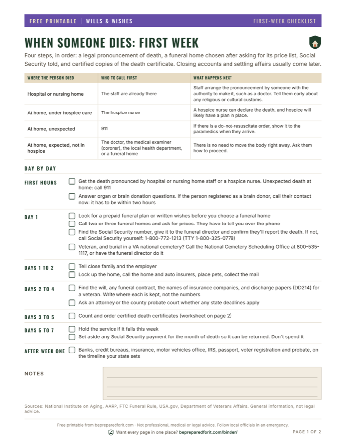 Preview of the When Someone Dies: The First Week printable