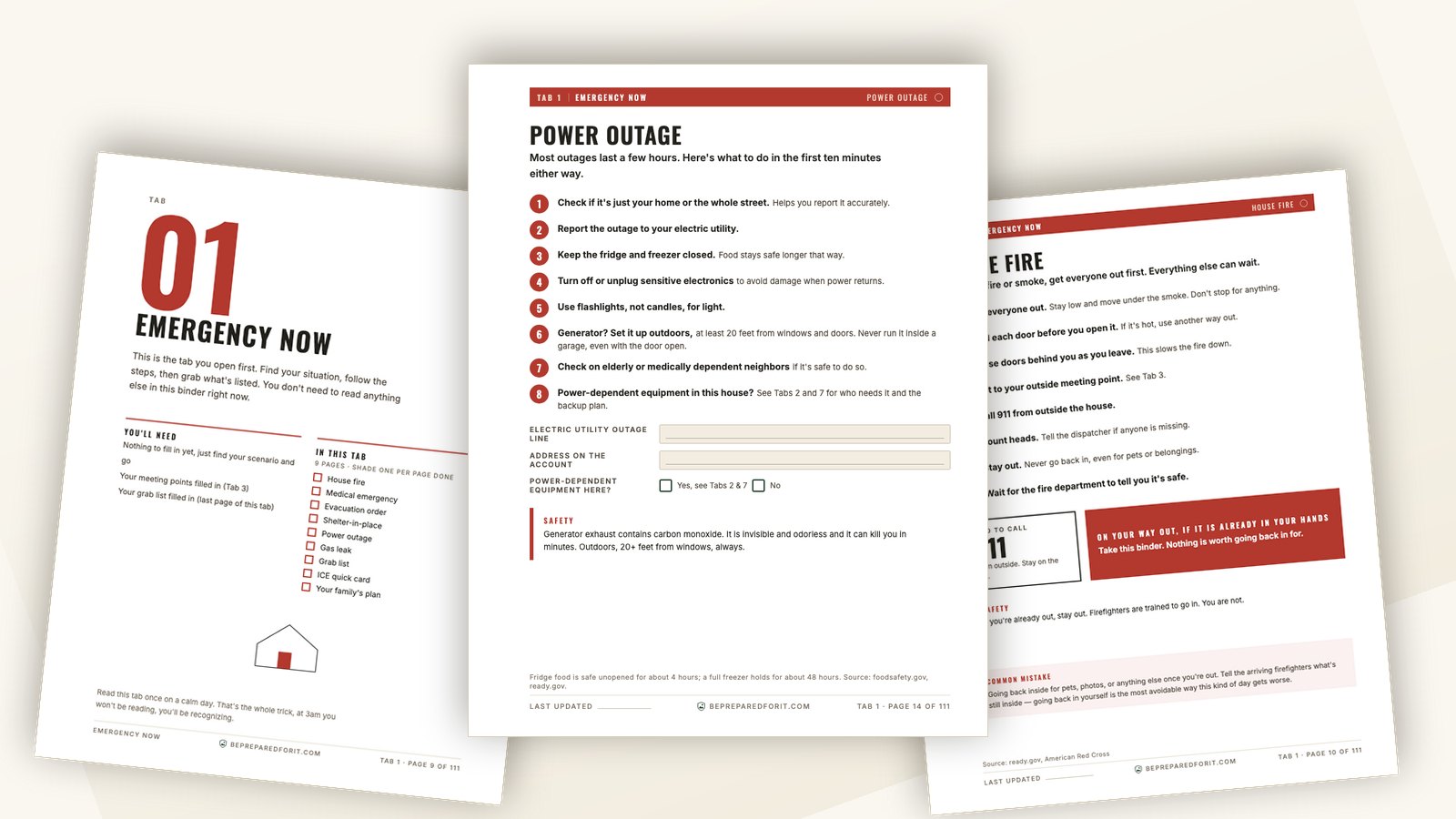 Three pages from the Family Emergency Binder on a desk: the Emergency Now tab divider on the left, the Power Outage page in front with the step that says to set a generator up outdoors at least 20 feet from windows and doors, and the House Fire page on the right.