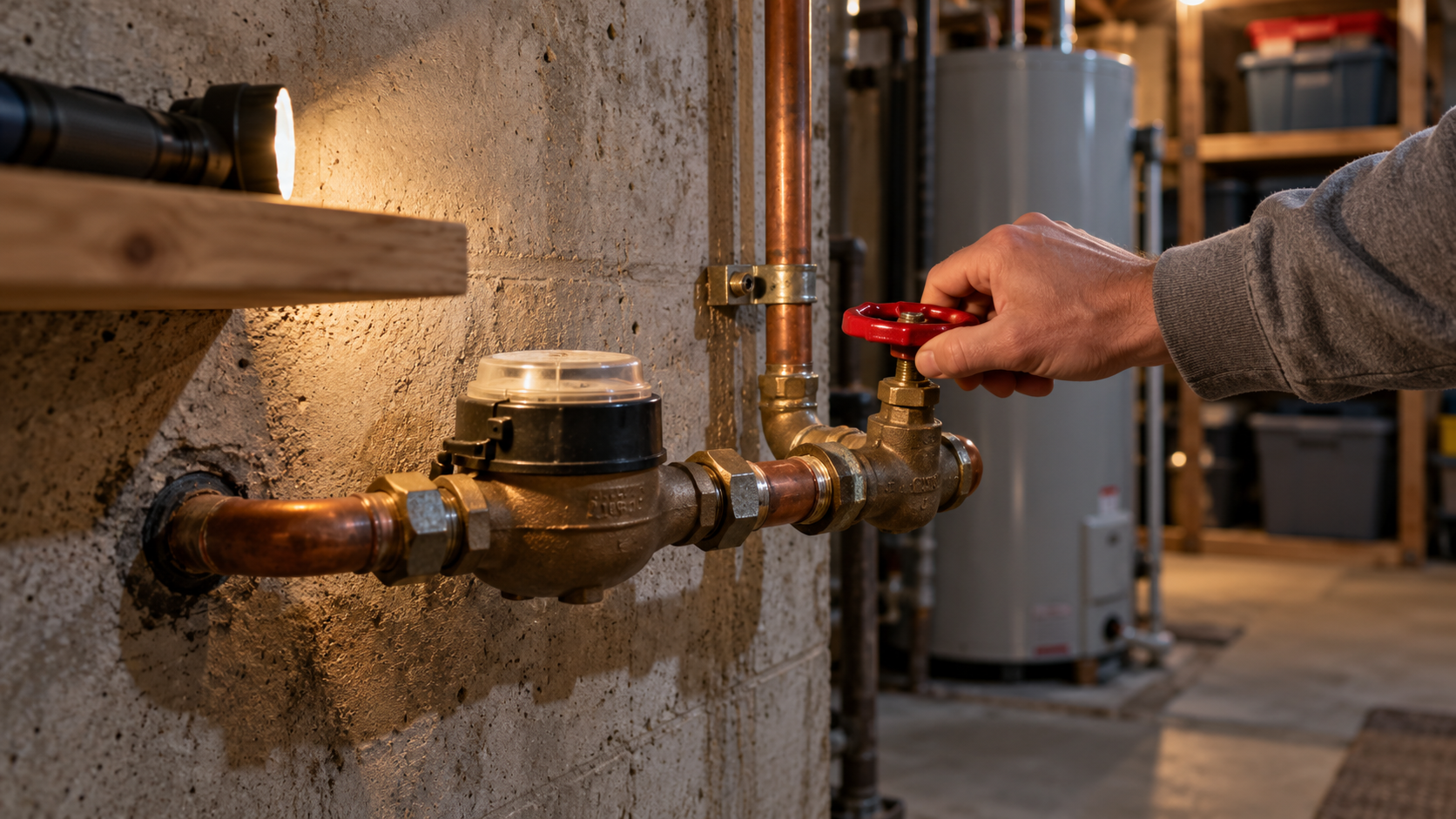 Illustration of a hand turning the red wheel handle of a gate valve on a copper water line, next to the water meter where the pipe comes through a basement foundation wall.