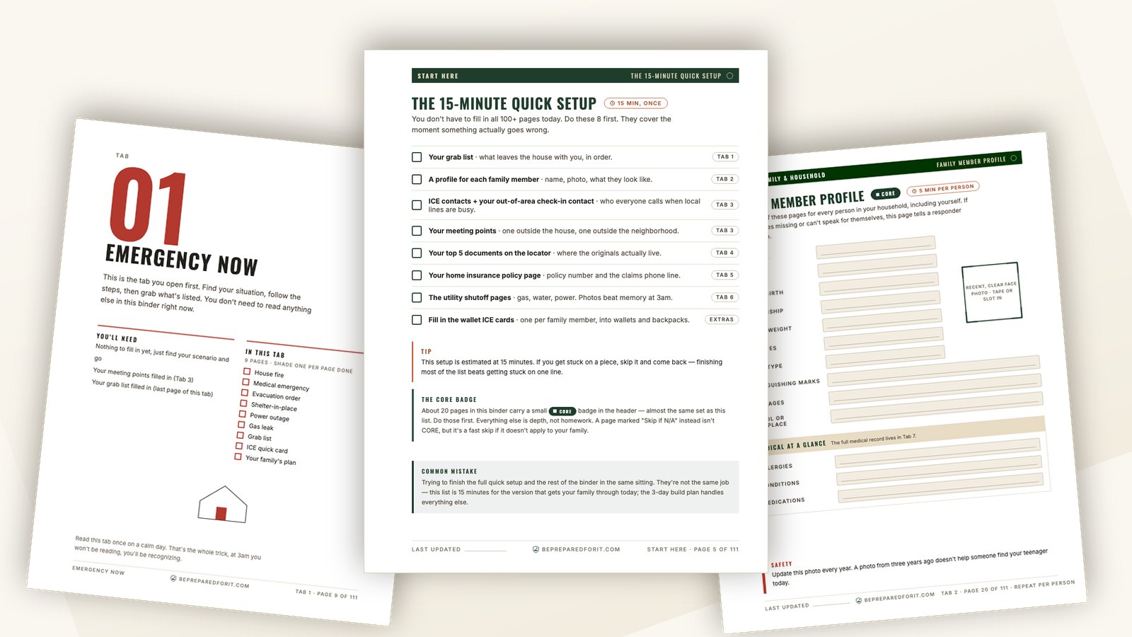 Three pages from the Family Emergency Binder fanned on a desk: the Emergency Now tab divider on the left, the 15-Minute Quick Setup checklist in front, and a Family Member Profile page on the right.