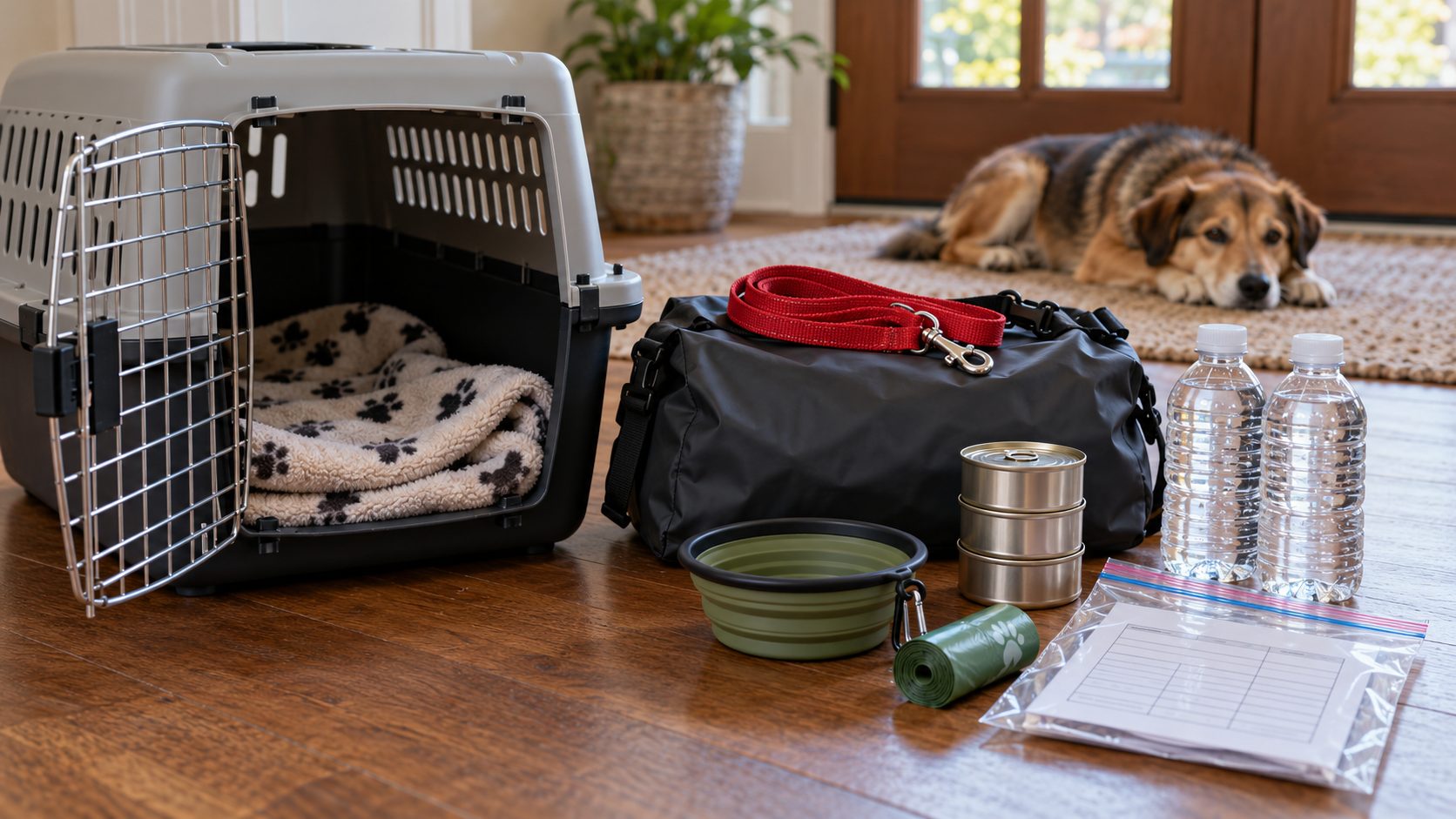 Illustration of a pet emergency kit by a front door: an open carrier with a blanket, a leash on a waterproof dry bag, pop-top food cans, bottled water, a collapsible bowl, poop bags, and a one-page info sheet in a zip bag, with a dog resting behind.