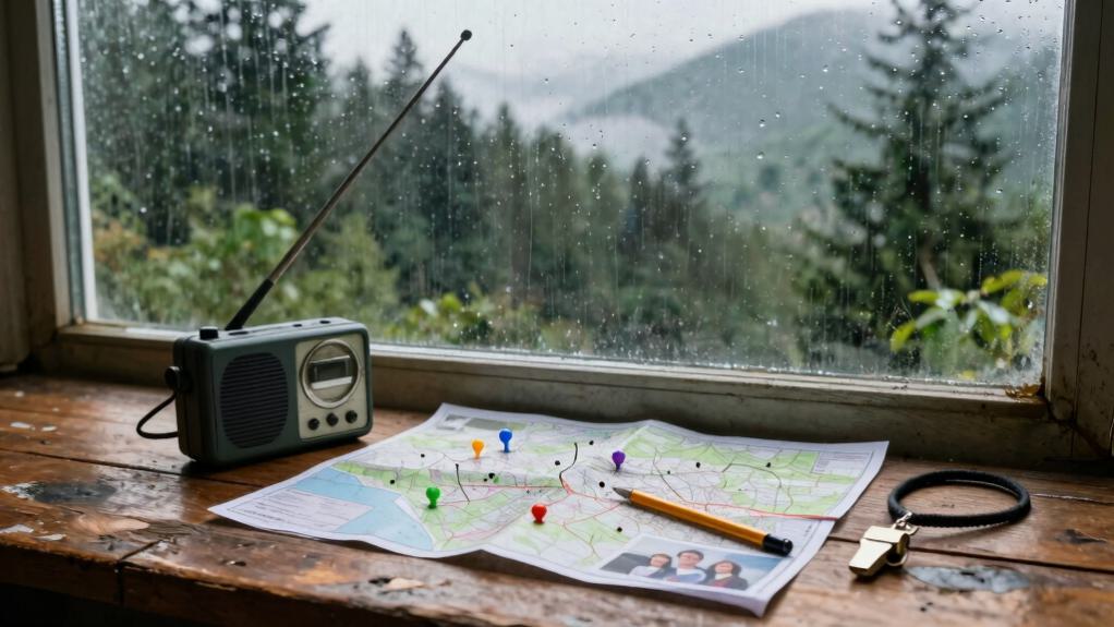 A portable radio, a marked-up local map with colored pins, a pencil, and a whistle laid out on a windowsill